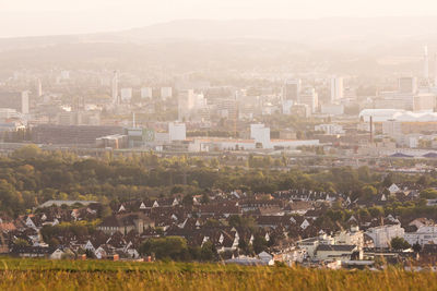 High angle shot of townscape against sky