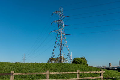 Electricity pylon on field against clear blue sky