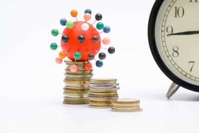 Close-up of coins on white background