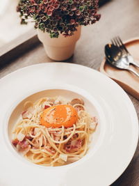 High angle view of food in plate on table