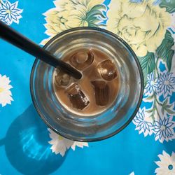 High angle view of drink served on table