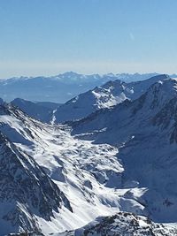 Scenic view of snowcapped mountains against clear sky