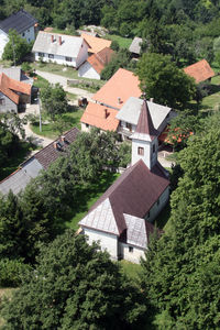 High angle view of houses in town