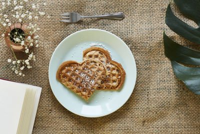 High angle view of breakfast served on table