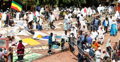 High angle view of people at town square