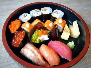 High angle view of sushi in plate on table