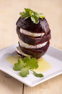 Close-up of dessert in plate on table