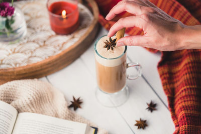 High angle view of coffee cup on table