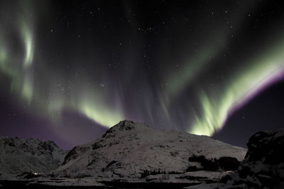 Scenic view of snowcapped mountains against sky at night