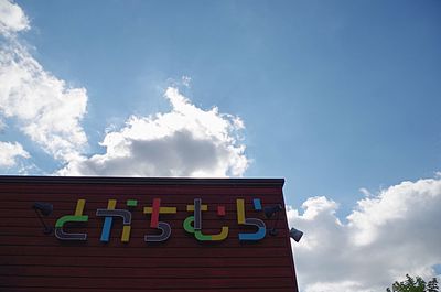 Low angle view of text on building against sky