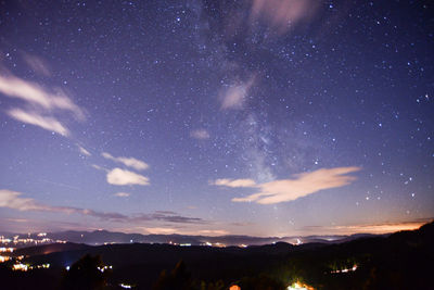 Scenic view of mountains against sky at night