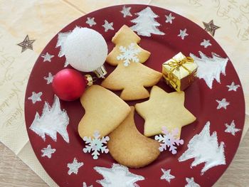 High angle view of cookies on table