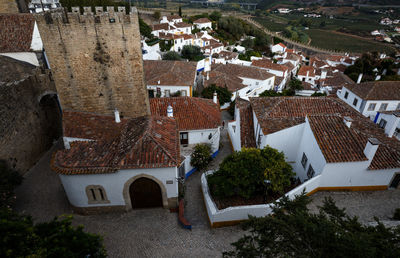 High angle view of houses in town