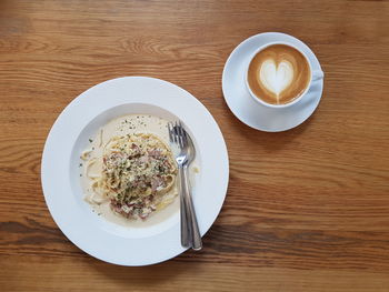 High angle view of breakfast served on table