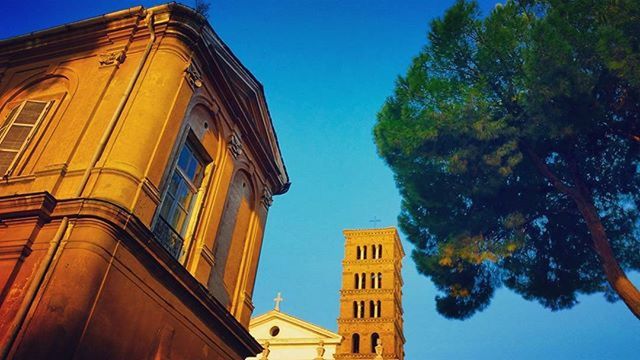 architecture, building exterior, low angle view, built structure, clear sky, blue, tree, church, place of worship, religion, spirituality, sky, day, no people, outdoors, tower, building, city, high section