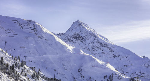 Scenic view of snow covered mountains against sky