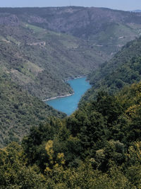 High angle view of lake and mountains