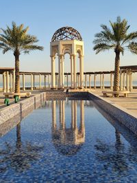 Reflection of palm trees in swimming pool