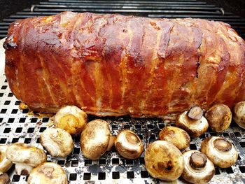 Close-up of meat on barbecue grill