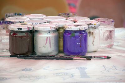 Close-up of candies in jar on table