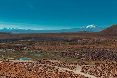 Scenic view of desert against blue sky