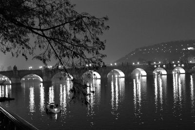 Bridge over river in city at night