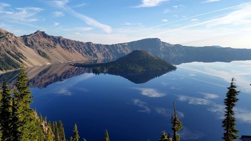 Panoramic view of lake and mountains against sky