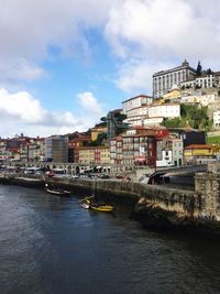 View of buildings by river against cloudy sky