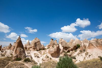 Panoramic view of rock formations against blue sky