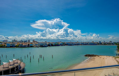 City by sea against blue sky