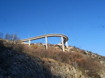 Low angle view of bridge against clear blue sky