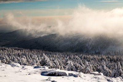 Scenic view of snow covered land against sky