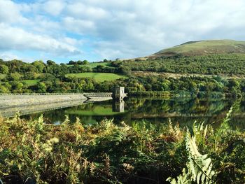 Scenic view of reservoir by trees and mountain against cloudy sky