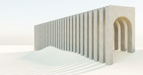 Path under concrete arches in desert. structure. minimalist architecture. sustainable concept. 