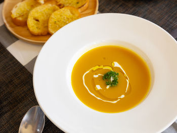 High angle view of soup in bowl on table