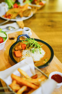 High angle view of serving food in plate