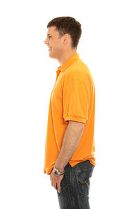 Side view of man looking away against white background