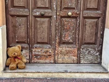 Teddy bear against wooden door
