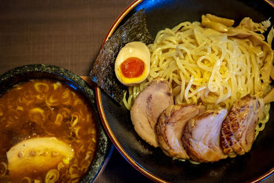 High angle view of food in plate on table