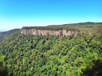 View of trees on landscape against clear blue sky