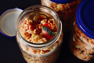 High angle view of bulgur served on table