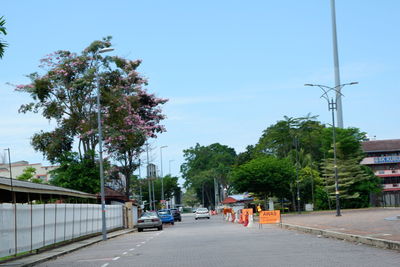 Road amidst trees in city against sky