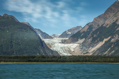 Scenic view of sea against mountain range