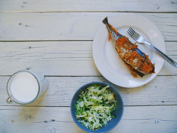 High angle view of breakfast served on table