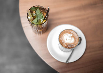 High angle view of cappuccino on table