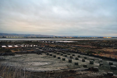 High angle view of land against sky