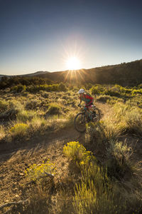 Woman riding a mountain bike on a trail just before sunset.