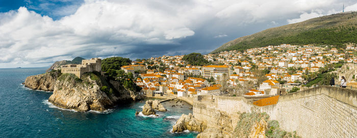 Aerial view of town by sea