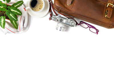 High angle view of coffee cup on table