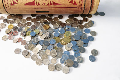 Close-up high angle view of coins